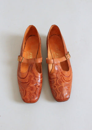Vintage 1950s Tooled Leather Mary Jane Shoes