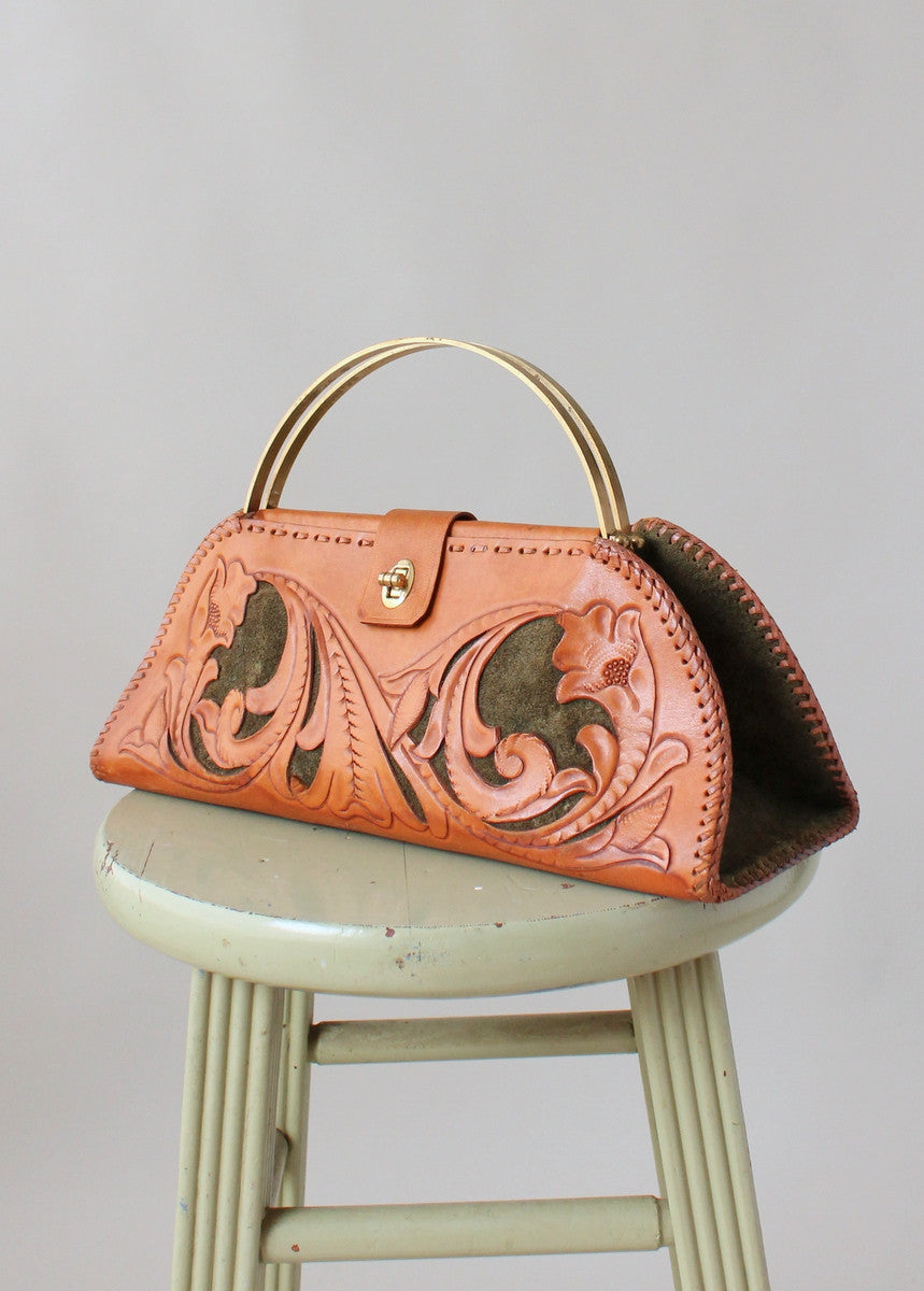 Vintage 1950s Tooled Leather and Green Suede Purse
