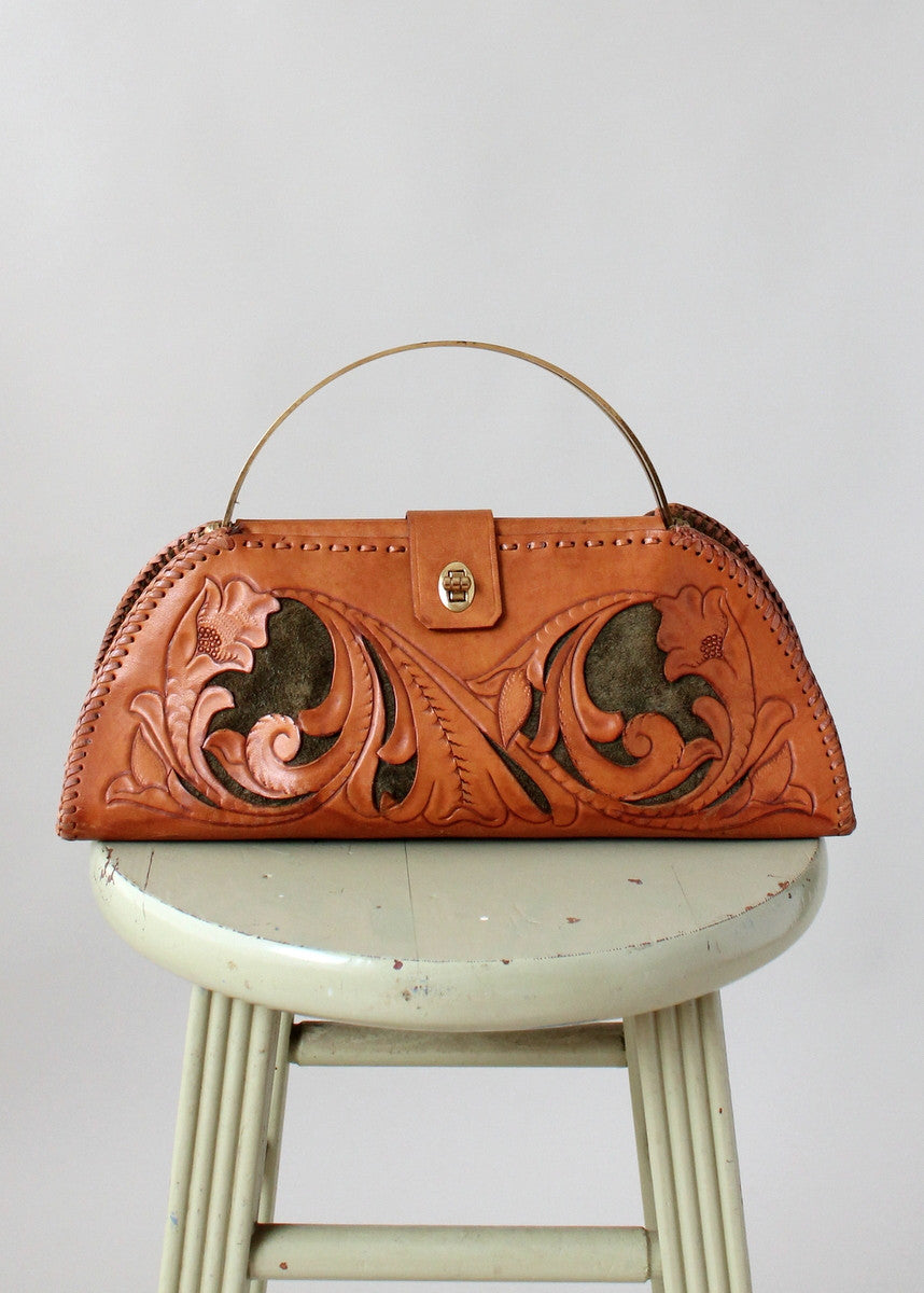 Vintage 1950s Tooled Leather and Green Suede Purse