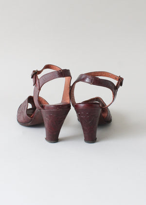Vintage 1950s Tooled Leather Sandles