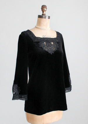 Vintage 1960s MOD Black Velvet and Lace Tunic Top