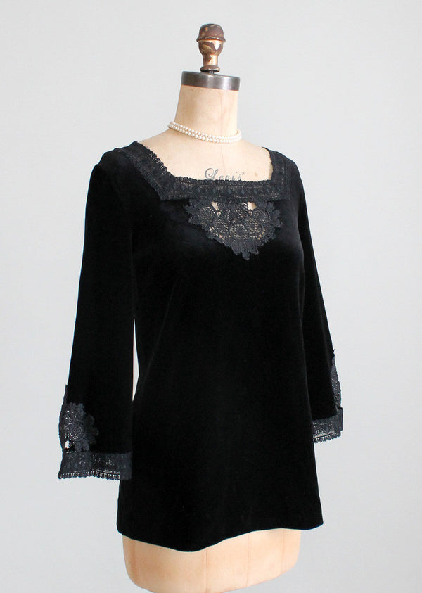 Vintage 1960s MOD Black Velvet and Lace Tunic Top - Raleigh Vintage