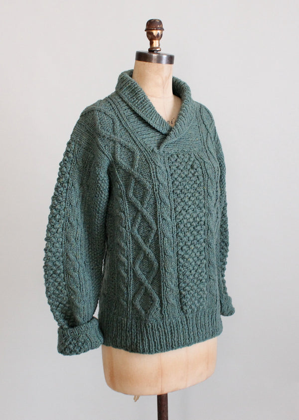 Vintage 1960s Blue Cable Knit Shawl Collar Fisherman Sweater - Raleigh ...
