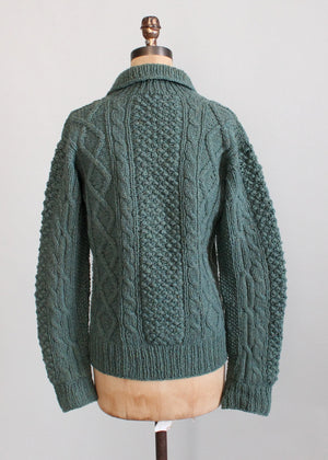 Vintage 1960s Blue Cable Knit Shawl Collar Fisherman Sweater