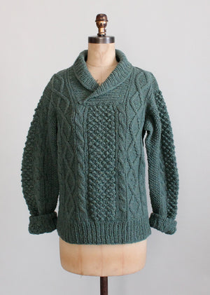 Vintage 1960s Blue Cable Knit Shawl Collar Fisherman Sweater