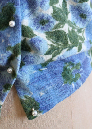 Vintage 1960s Blue Panies Floral Cardigan