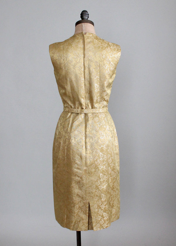 XS 1960s Blue Green Brocade Cocktail Dress Sleeveless Jewel Tone V-Neck Party Dress