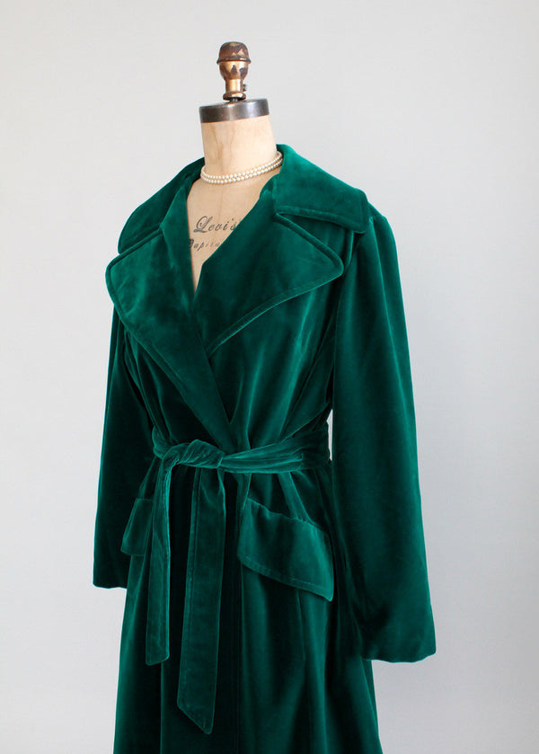 Vintage 1970s Emerald Green Velvet Wrap Trench Coat - Raleigh Vintage