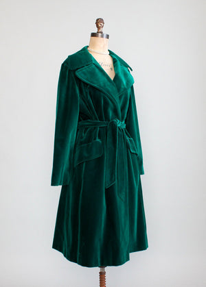 Vintage 1970s Emerald Green Velvet Wrap Trench Coat