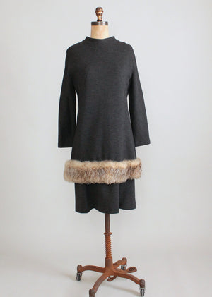Vintage 1960s Grey Wool and Faux Fur MOD Dress