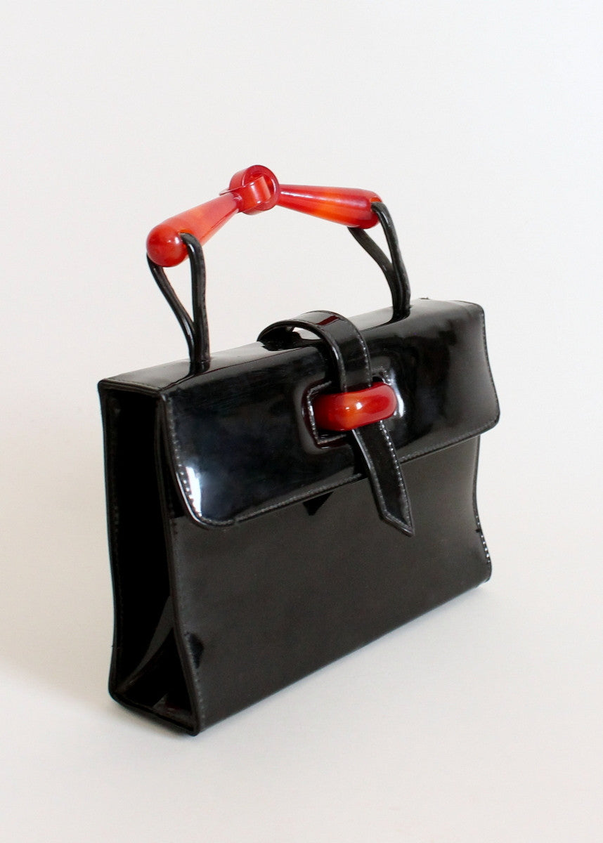 Vintage 1960s Black Patent Leather and Lucite MOD Purse