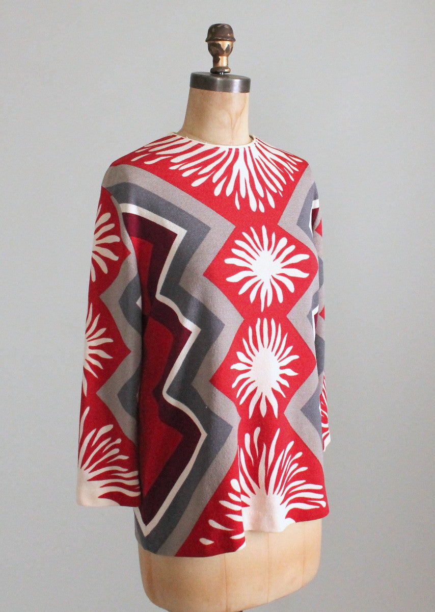 Vintage 1960s Red and Grey MOD Geometric Print Top