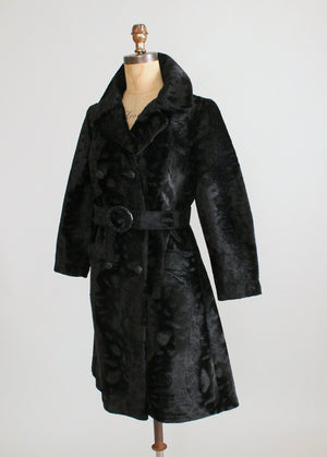 Vintage 1960s MOD Black Faux Fur Belted Winter Coat