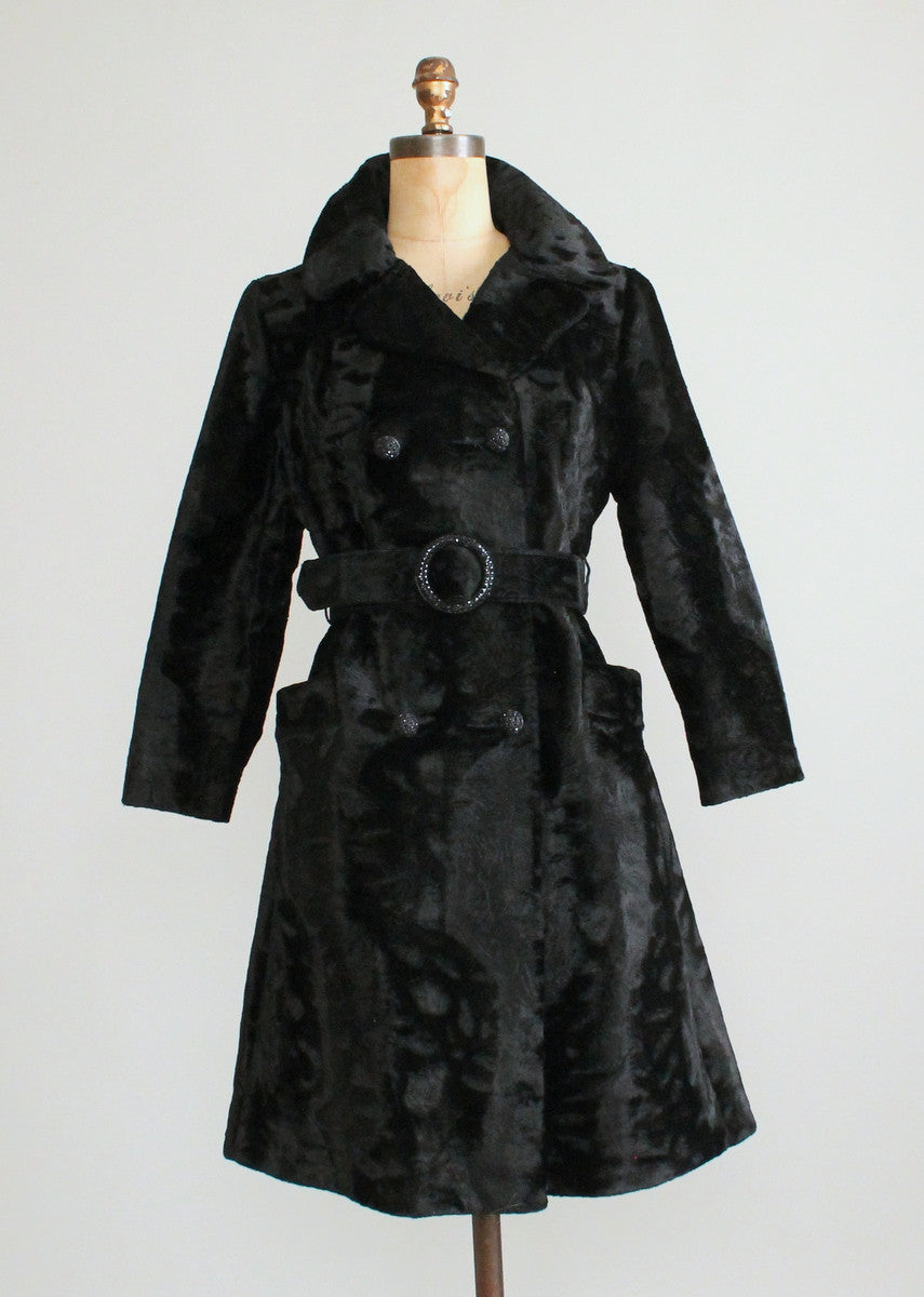 Vintage 1960s MOD Black Faux Fur Belted Winter Coat - Raleigh Vintage