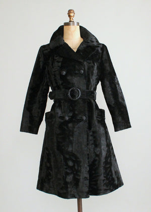 Vintage 1960s MOD Black Faux Fur Belted Winter Coat
