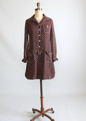 Vintage 1960s MOD Brown Polka Dot Mini Dress