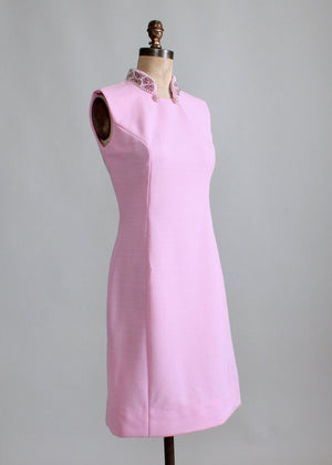 Vintage 1960s MOD Beaded Collar Pink Party Dress