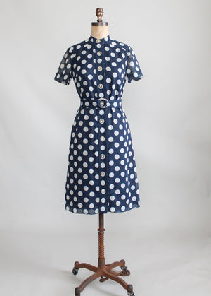 Vintage 1960s Rona Navy Polka Dot Shirt Dress