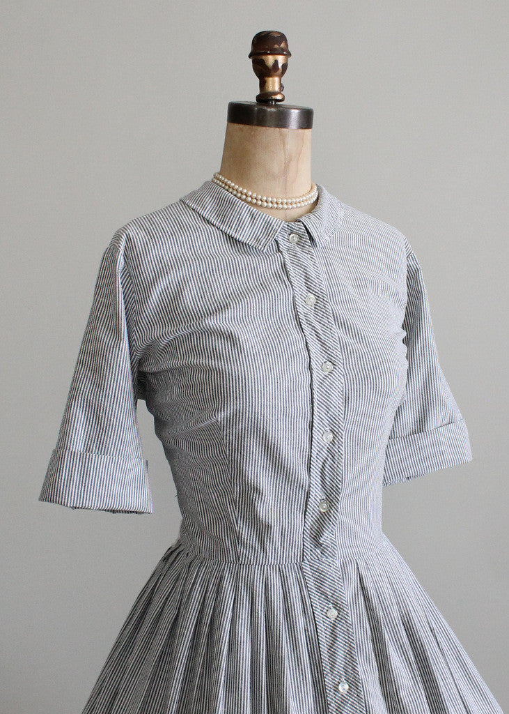 Vintage 1960s Grey and White Seersucker Dress Raleigh Vintage