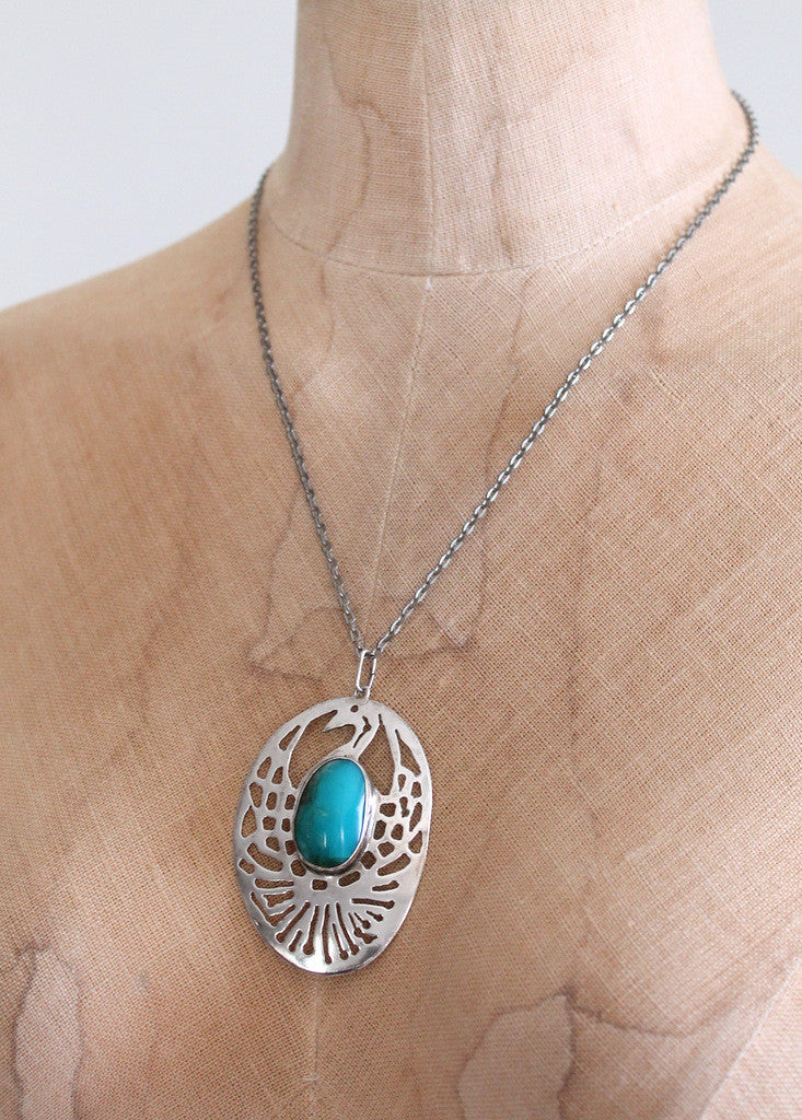 Vintage 1960s Silver and Turquoise Peacock Pendant Necklace