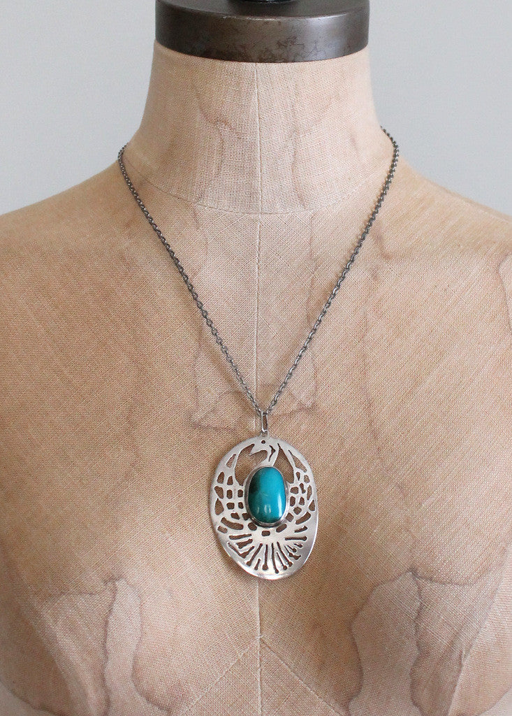 Vintage 1960s Silver and Turquoise Peacock Pendant Necklace
