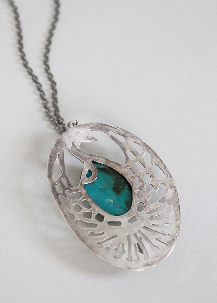 Vintage 1960s Silver and Turquoise Peacock Pendant Necklace