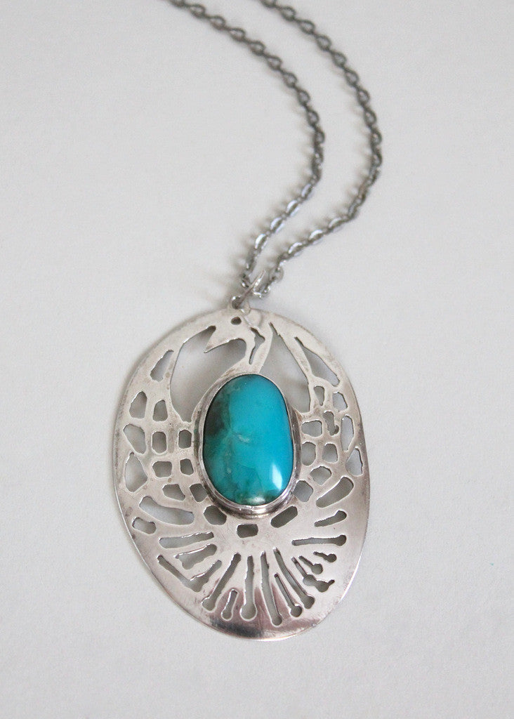 Vintage 1960s Silver and Turquoise Peacock Pendant Necklace
