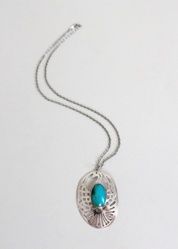 Vintage 1960s Silver and Turquoise Peacock Pendant Necklace