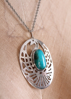 Vintage 1960s Silver and Turquoise Peacock Pendant Necklace