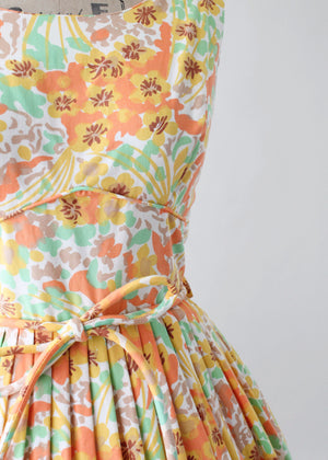 Vintage 1960s Green and Orange Floral Cotton Day Dress