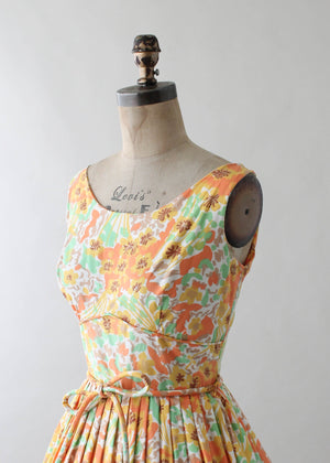 Vintage 1960s Green and Orange Floral Cotton Day Dress