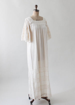 Vintage 1960s Muslin Cotton and Lace Mexican Dress
