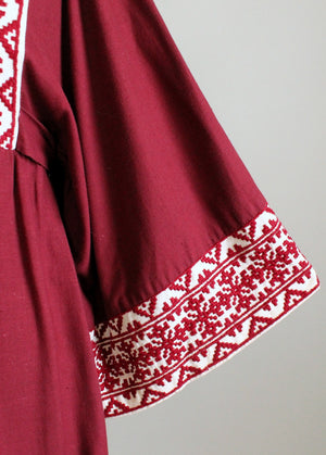 Vintage 1960s Embroidered Burgundy Cotton Hippie Dress