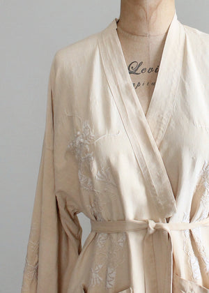 Vintage 1960s Neutrals Embroidered Kimono Robe