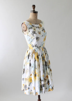 Vintage 1960s Watercolor Floral Print Day Dress
