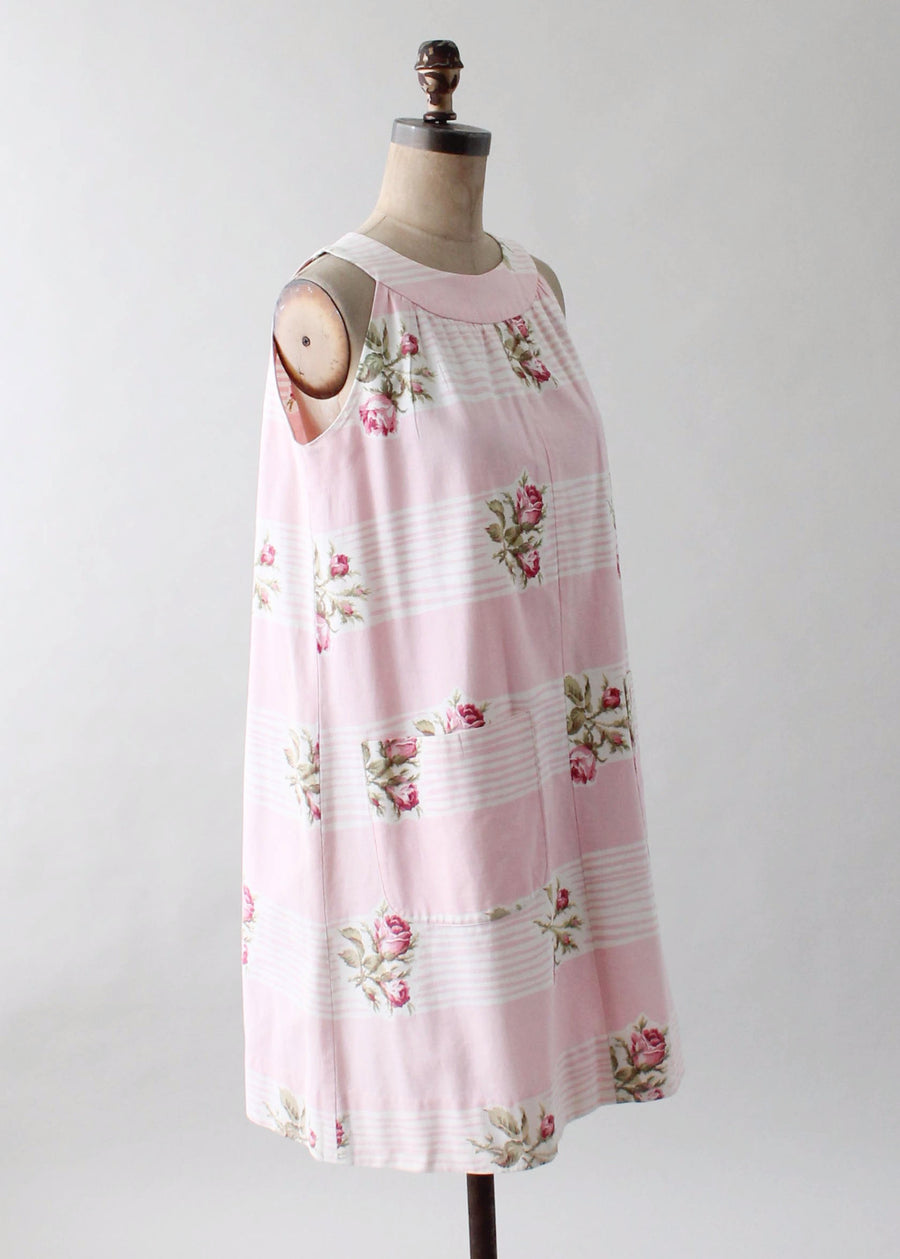 Vintage 1960s Roses and Stripes Cotton Trapeze Dress