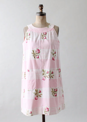 Vintage 1960s Roses and Stripes Cotton Trapeze Dress