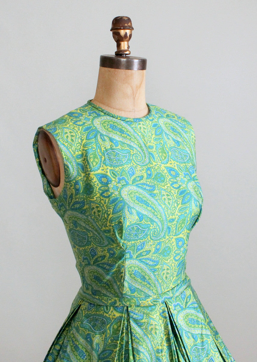 Vintage Early 1960s Teal and Yellow Paisley Day Dress