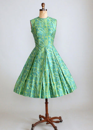 Vintage Early 1960s Teal and Yellow Paisley Day Dress