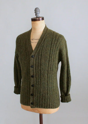 Vintage 1960s Mens Green Cable Knit Cardigan
