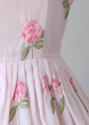Vintage 1960s Embroidered Roses Pink Cotton Dress