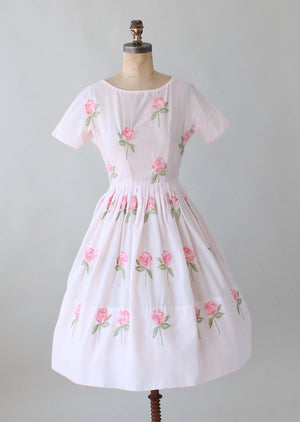 Vintage 1960s Embroidered Roses Pink Cotton Dress