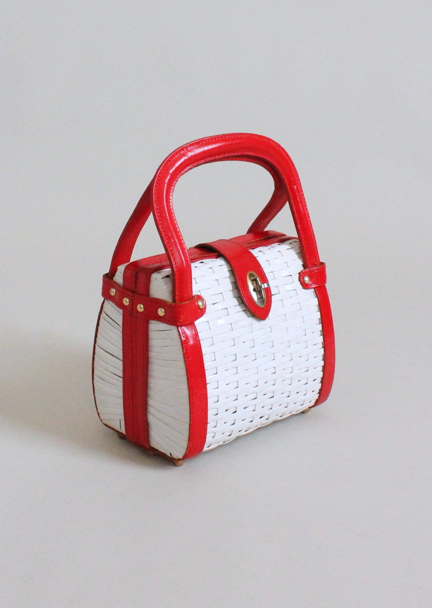 VINTAGE 1960's LARGE RED, WHITE & BLUE WOVEN WICKER PURSE