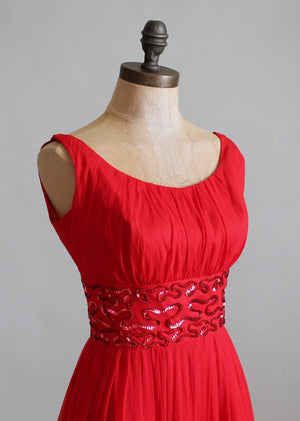Vintage 1960s Red Chiffon and Sequins Party Dress