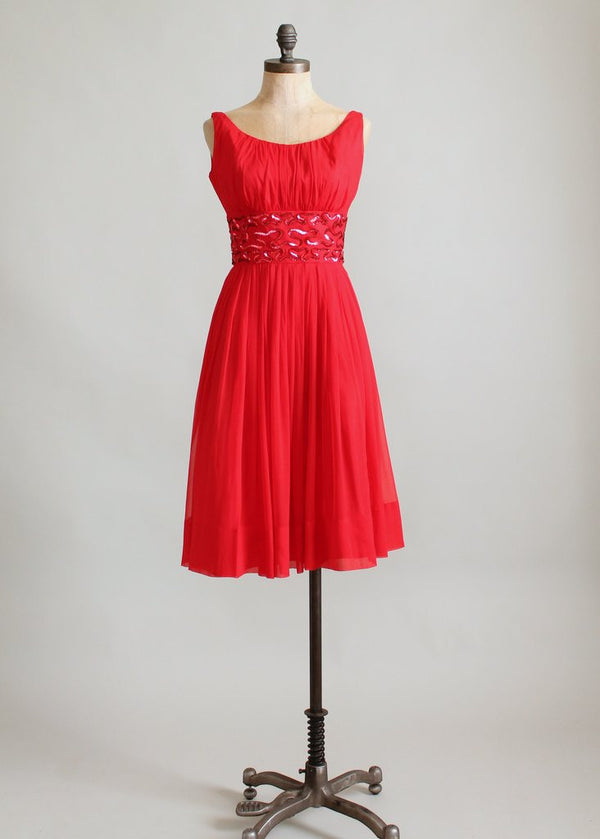Vintage 1960s Red Chiffon and Sequins Party Dress - Raleigh Vintage