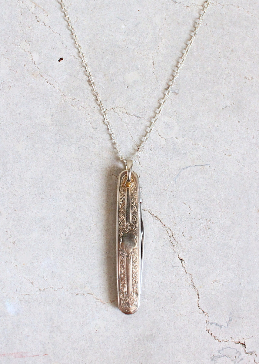 Vintage 1960s Silver Pocket Knife Pendant Necklace