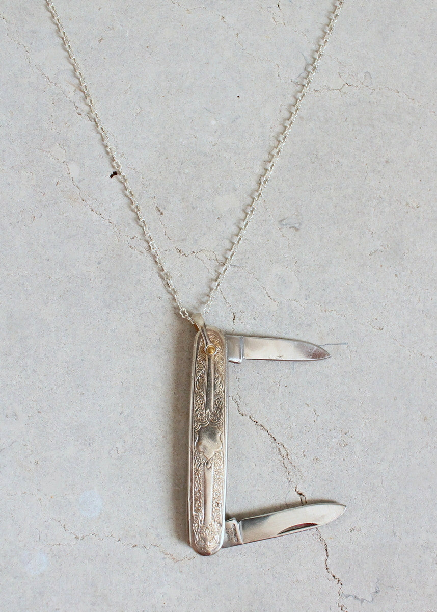 Vintage 1960s Silver Pocket Knife Pendant Necklace