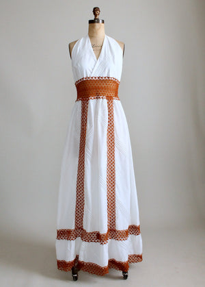 Vintage 1960s White Cotton and Crochet Halter Maxi Dress