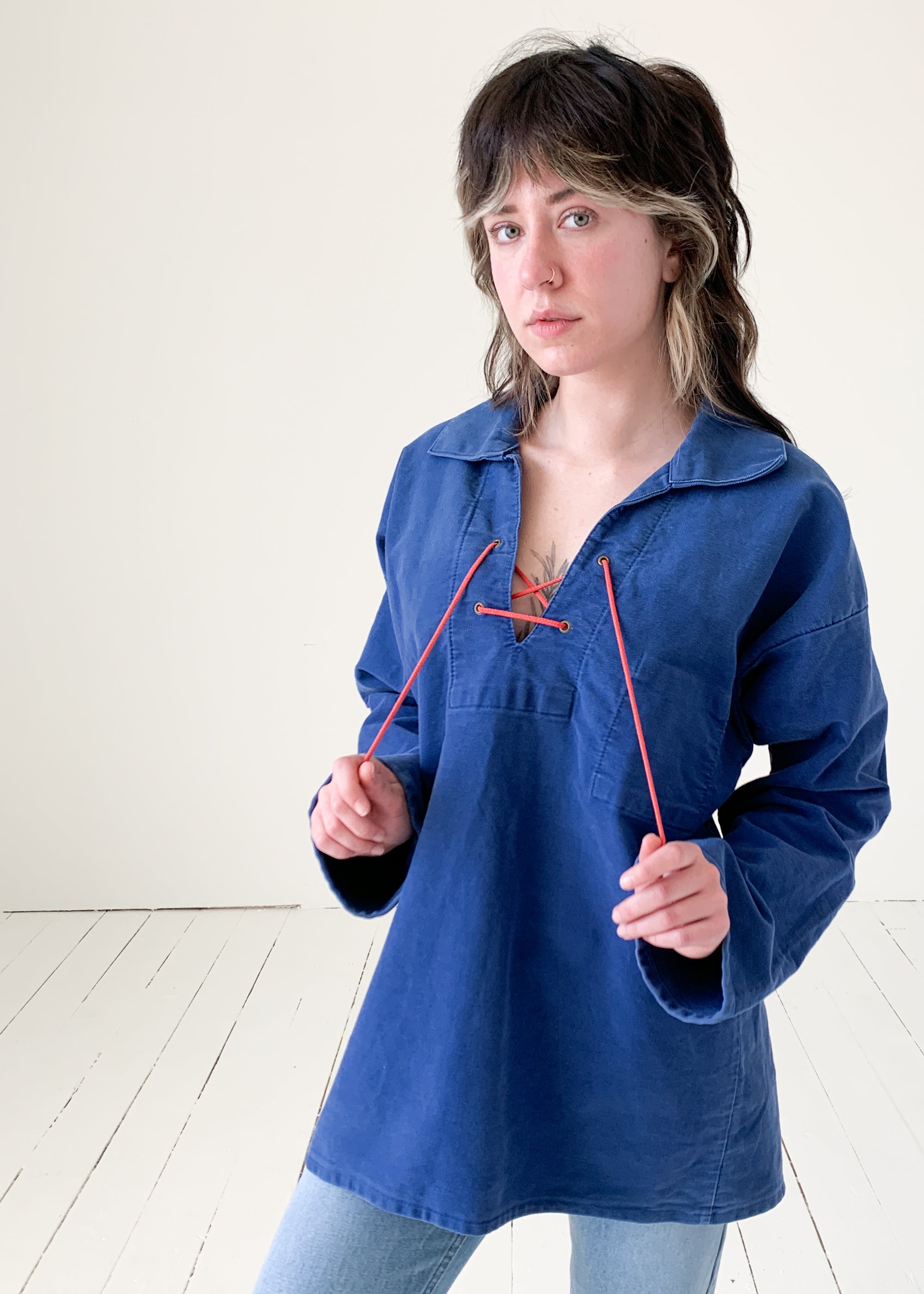 Vintage 1960s Indigo Cotton Lace Up Top