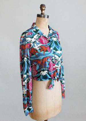 Vintage 1970s Novelty Print Tie Waist Shirt